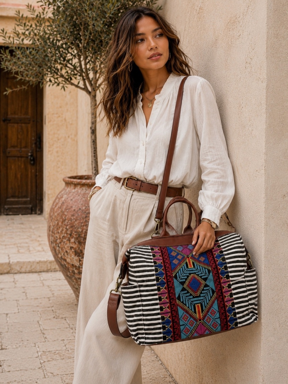 ShopEvelynne Striped Boho Embroidered Backpack in Brown and Multicolor
